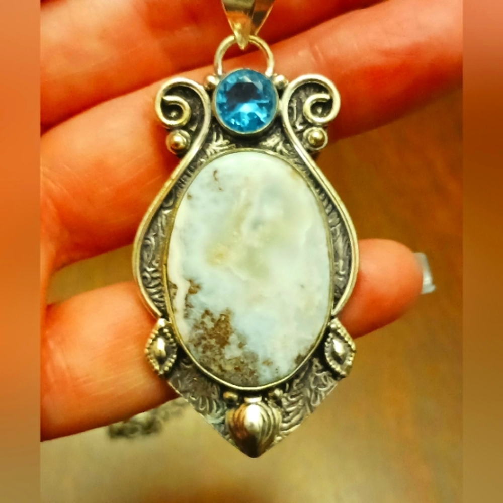 Larimar Sterling Silver Plated on Black Cord, Simulated Blue Sapphire, NWT